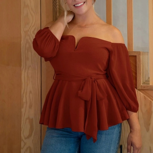 Shein Privé Plus Notched Off-Shoulder Belted Peplum Top, 1XL - Picture 1 of 5